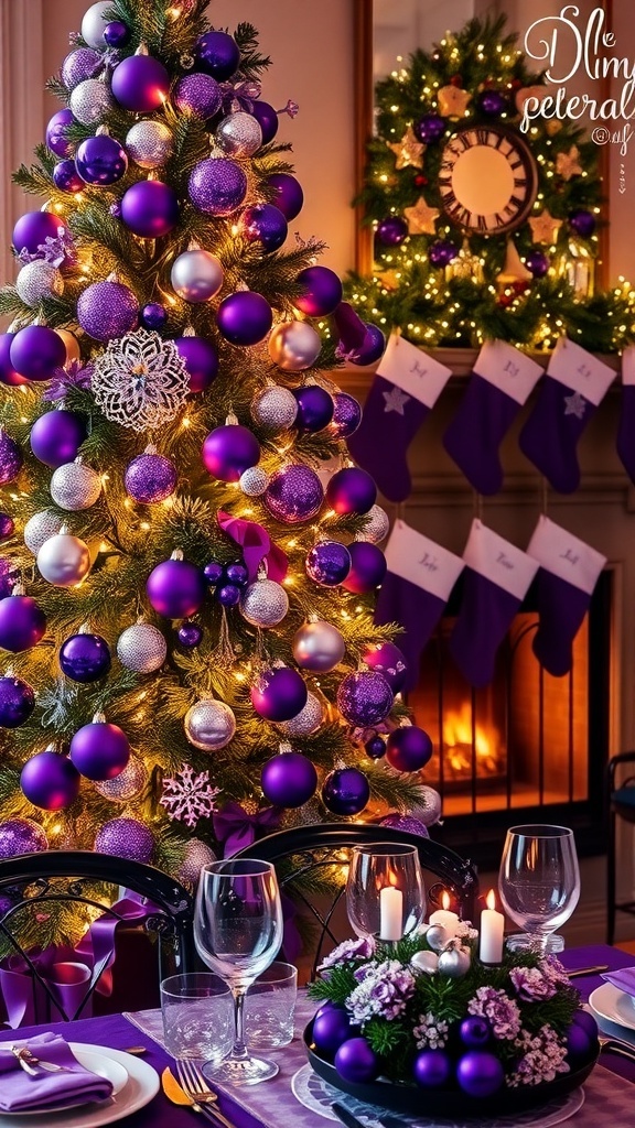 A Christmas tree with purple decorations and a cozy fireplace setting.